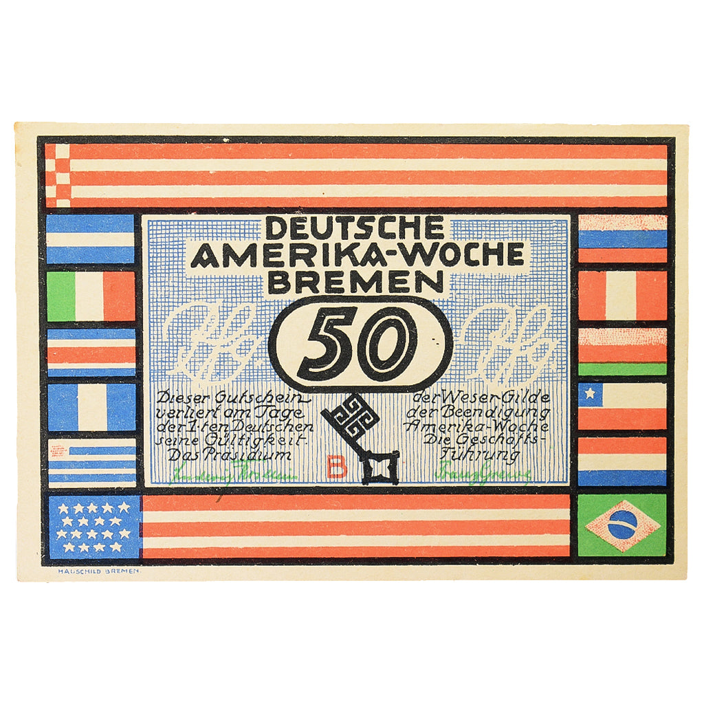 Banconote, Germania, Bremen Deutsche Amerika Woche, 50 Pfennig, village, 1923