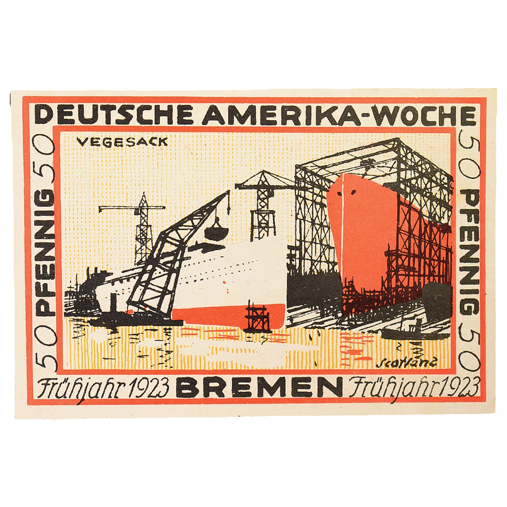 Banconote, Germania, Bremen Deutsche Amerika Woche, 50 Pfennig, Usine, 1923