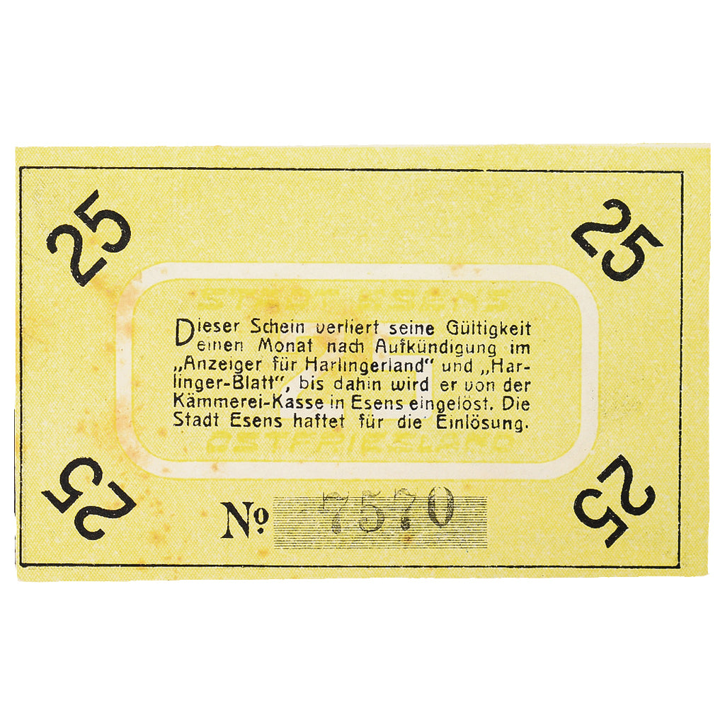 Geldschein, Deutschland, Esens Stadt, 25 Pfennig, tour, VZ+, Mehl:E29.3
