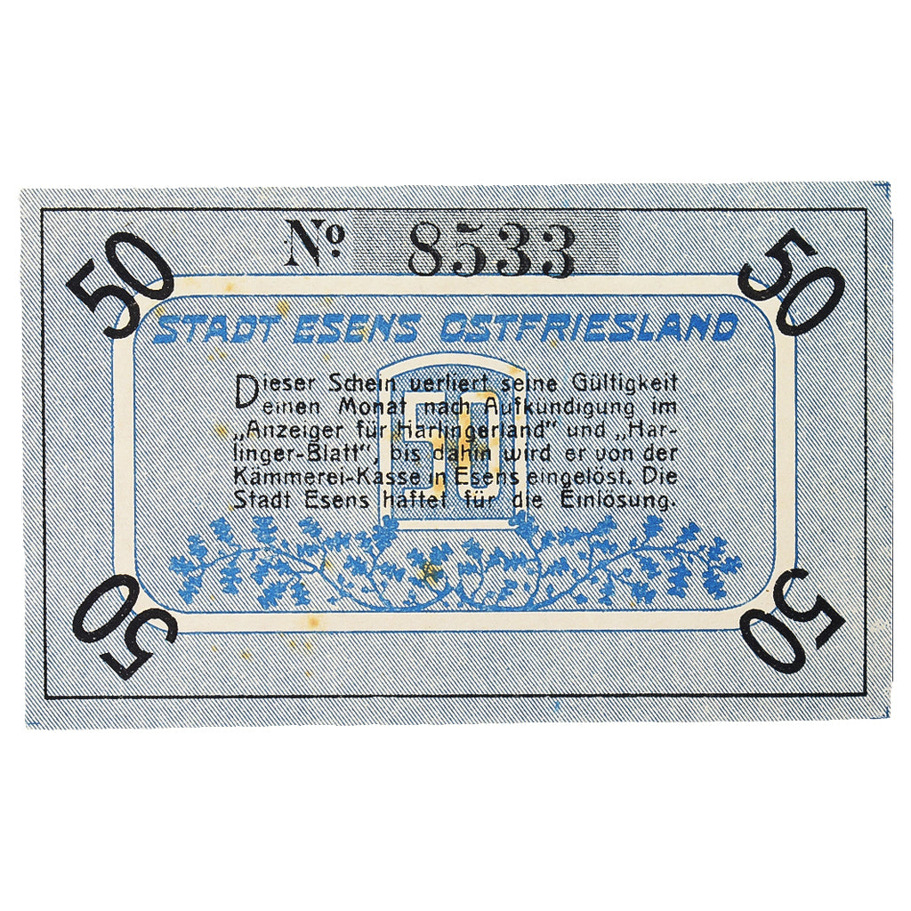 Banconote, Germania, Esens Stadt, 50 Pfennig, tour, SPL, Mehl:E29.3