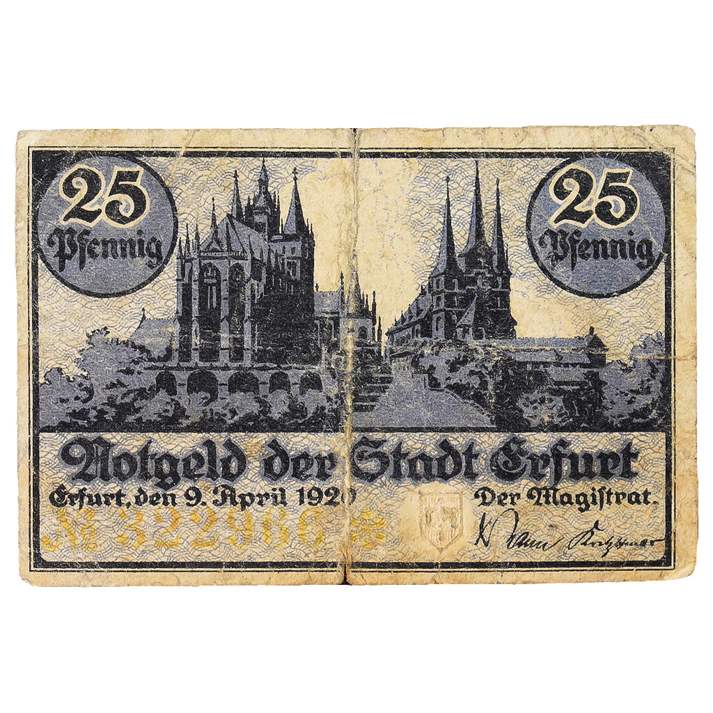 Geldschein, Deutschland, Erfurt Stadt, 25 Pfennig, Eglise, 1920, 1920-04-09, SS