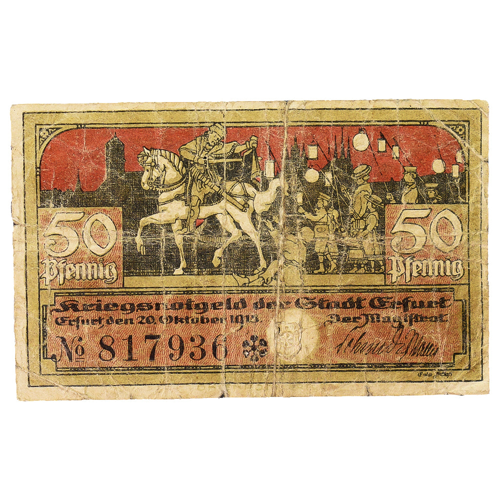 Geldschein, Deutschland, Erfurt Stadt, 50 Pfennig, cavalier, 1918, 1918-10-20