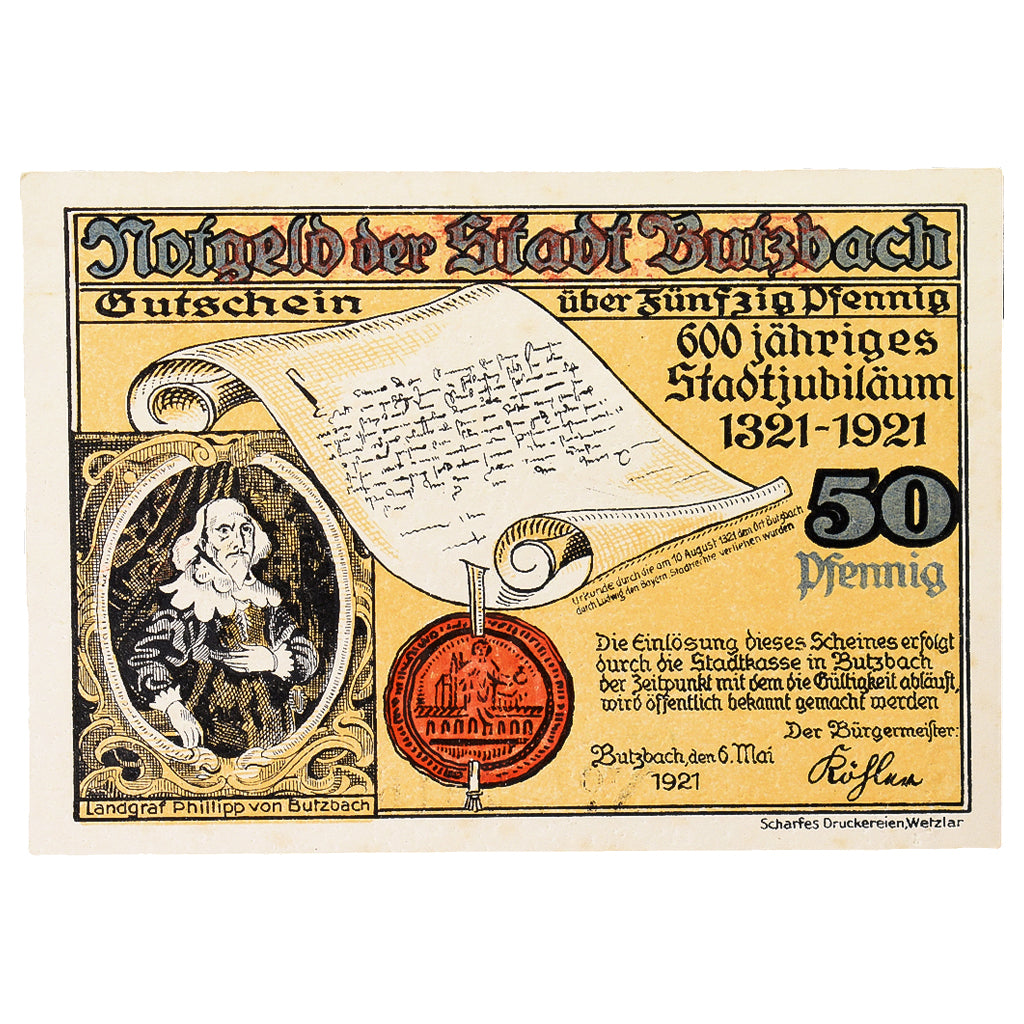 Banconote, Germania, Butzbach Stadt, 50 Pfennig, Maison, 1921, 1921-05-06, SPL