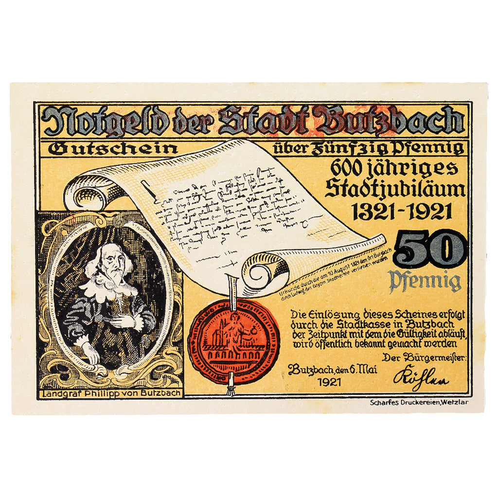 Banconote, Germania, Butzbach Stadt, 50 Pfennig, maison 1, 1921, 1921-05-06