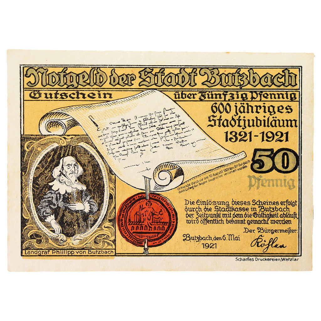 Banconote, Germania, Butzbach Stadt, 50 Pfennig, rempart, 1921, 1921-05-06, SPL