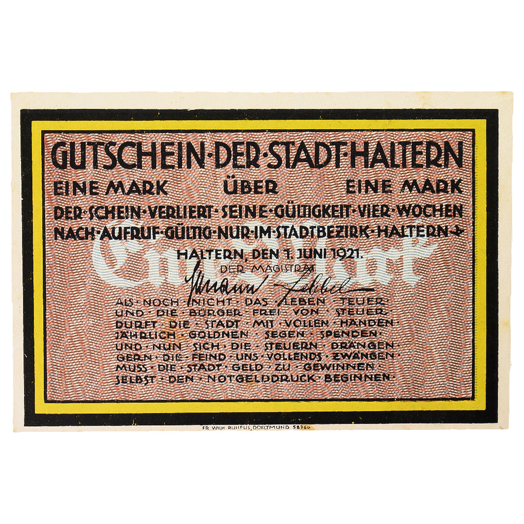 Banknot, Niemcy, Haltern, 1 Mark, village, 1921, 1921-06-01, UNC(60-62)