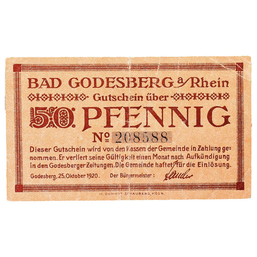 Banconote, Germania, Godesberg Bad Stadt, 50 Pfennig, personnage, 1920