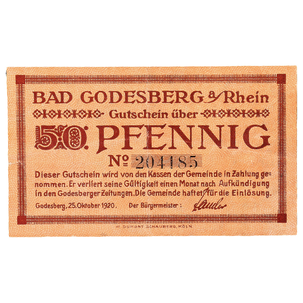Banknot, Niemcy, Godesberg Bad Stadt, 50 Pfennig, personnage 1, 1920
