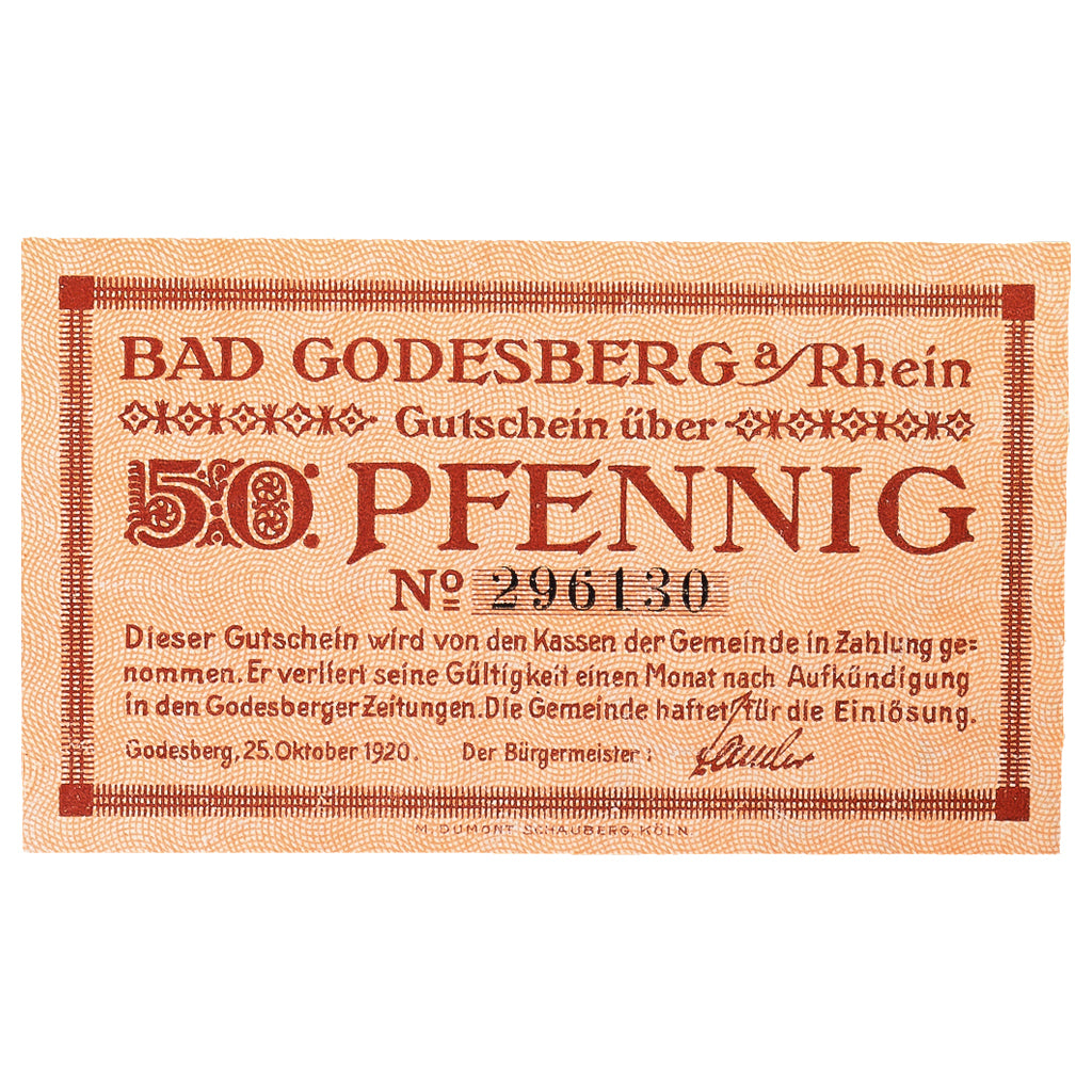 Banconote, Germania, Godesberg Bad Stadt, 50 Pfennig, personnage 2, 1920