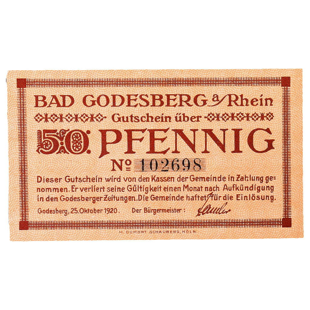 Banconote, Germania, Godesberg Bad Stadt, 50 Pfennig, personnage 3, 1920