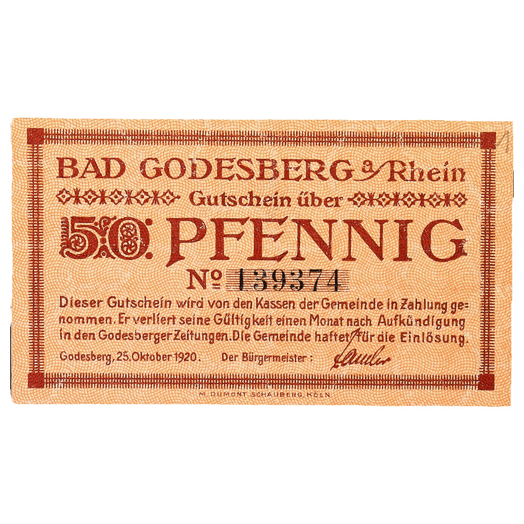 Banconote, Germania, Godesberg Bad Stadt, 50 Pfennig, personnage 4, 1920