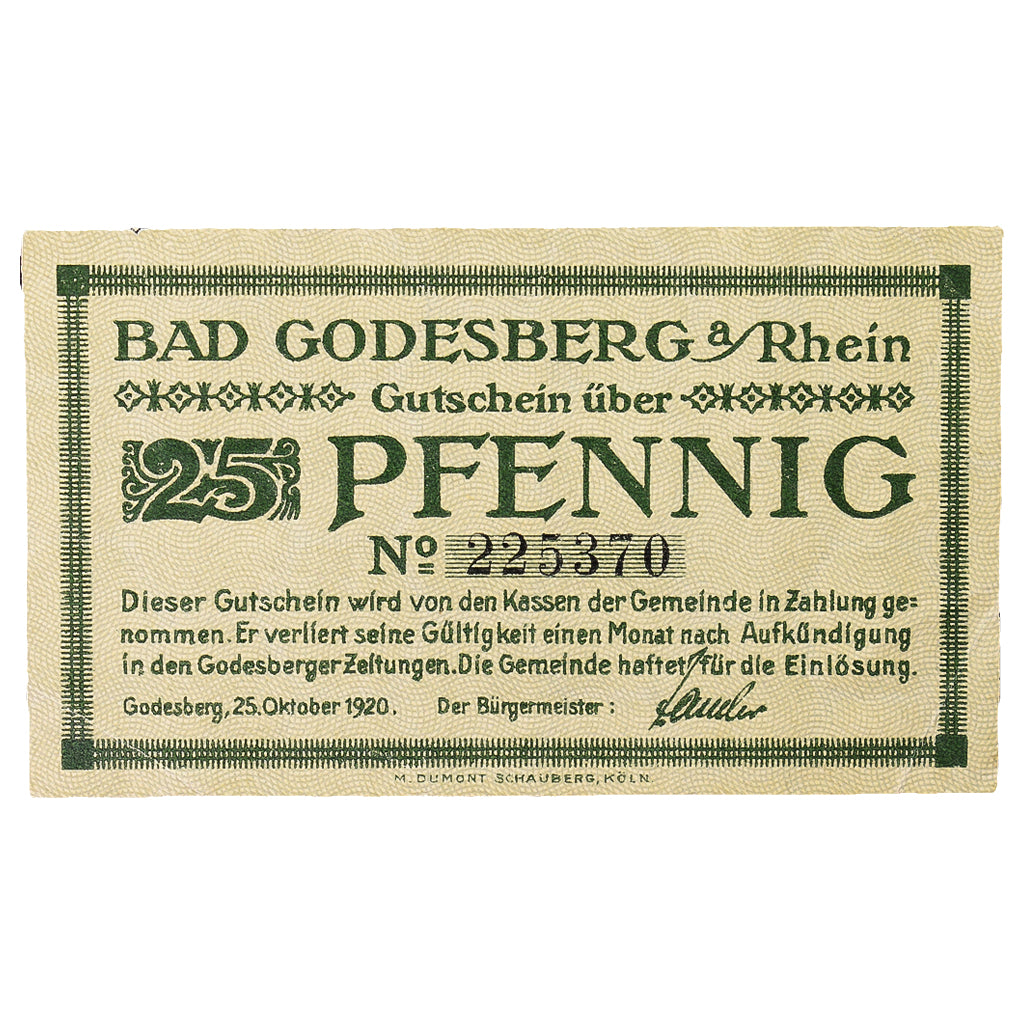 Banconote, Germania, Godesberg, 25 Pfennig, paysage 1, 1920, 1920-10-25, SPL