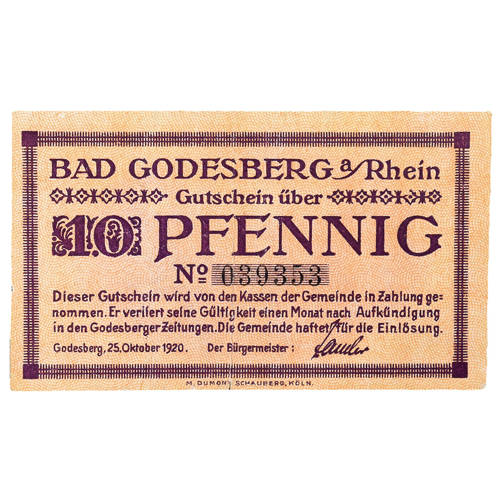Banconote, Germania, Godesberg, 10 Pfennig, paysage, 1920, 1920-10-25, SPL