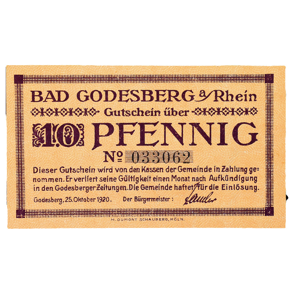 Banknot, Niemcy, Godesberg, 10 Pfennig, paysage 1, 1920, 1920-10-25, UNC(60-62)