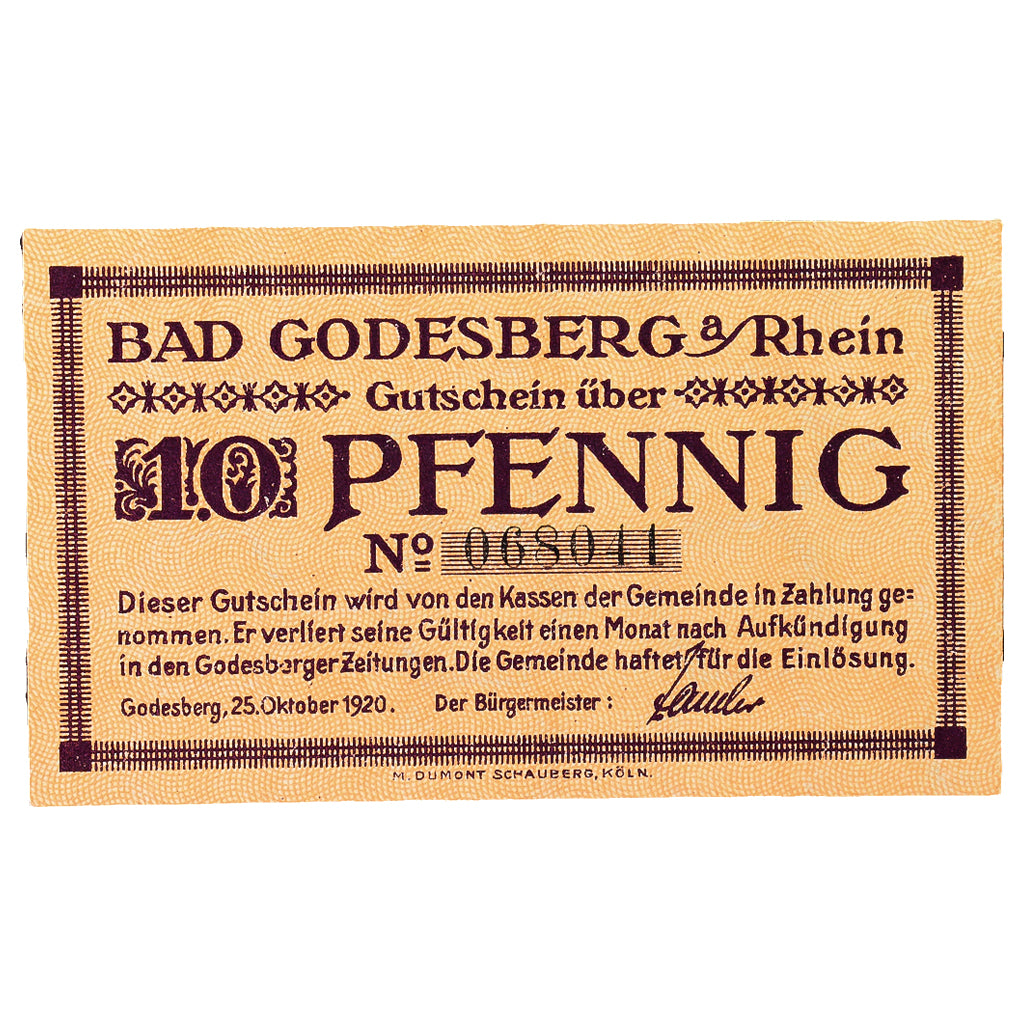 Banknot, Niemcy, Godesberg, 10 Pfennig, paysage 2, 1920, 1920-10-25, UNC(60-62)
