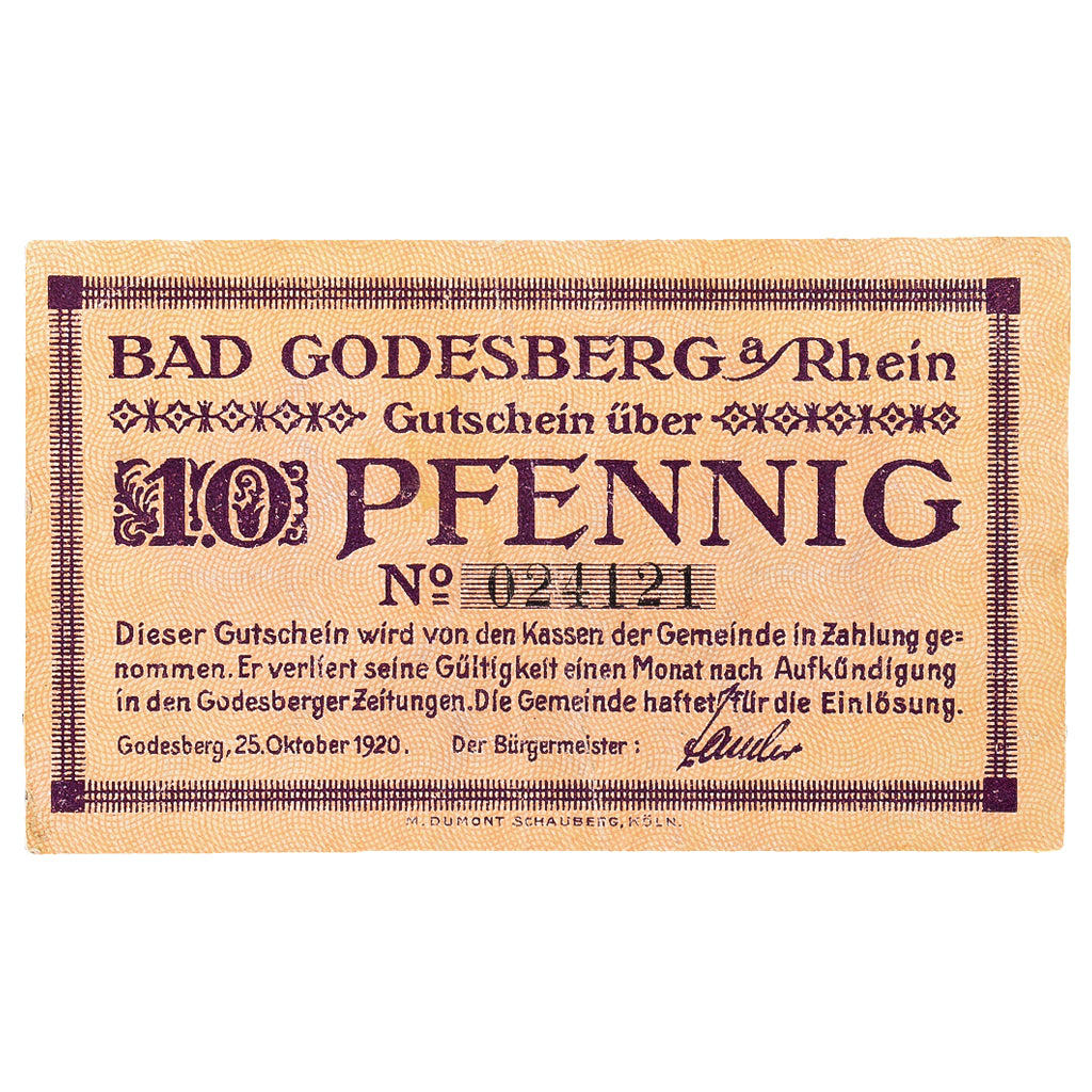 Banconote, Germania, Godesberg, 10 Pfennig, paysage 3, 1920, 1920-10-25, SPL