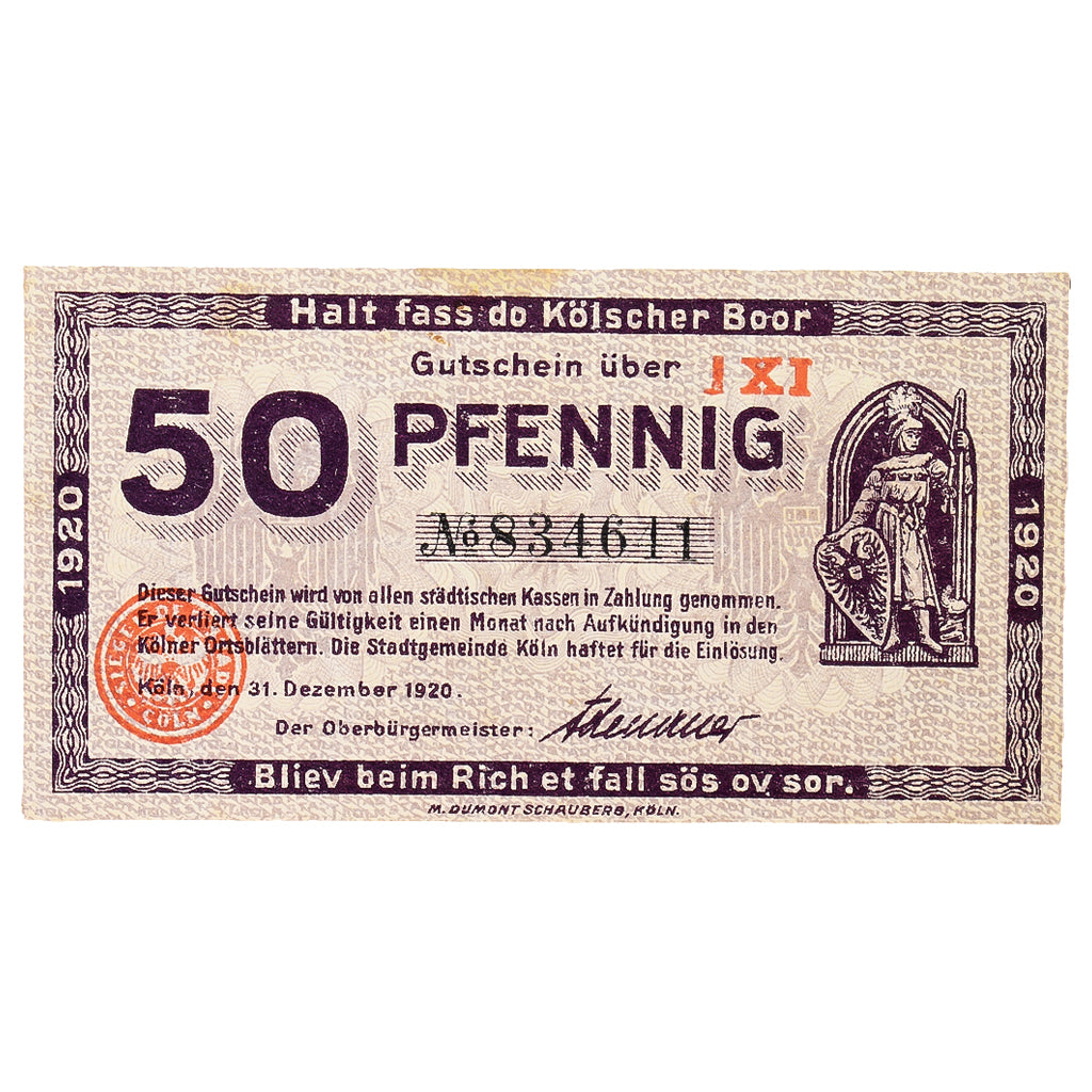 Banknot, Niemcy, Cöln, 50 Pfennig, Monument, 1918, 1919-06-01, UNC(60-62)