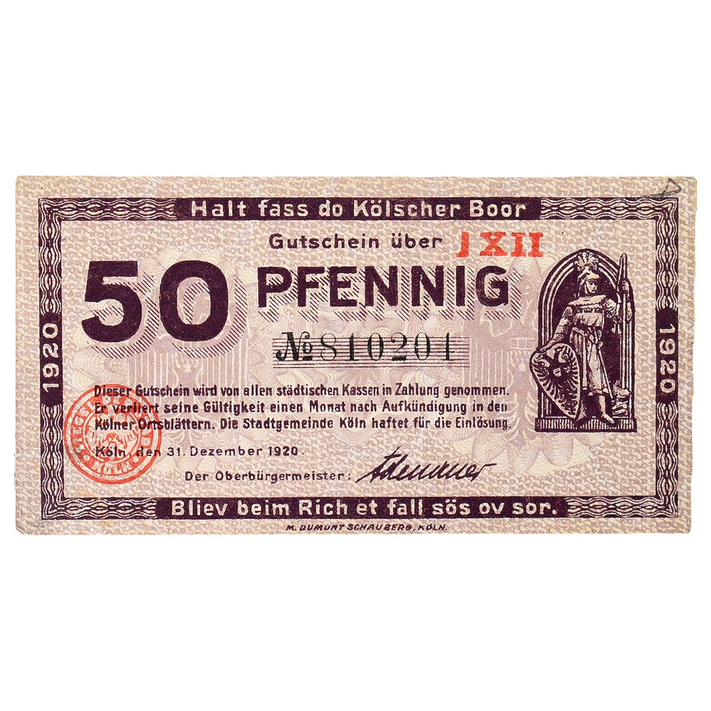 Geldschein, Deutschland, Cöln, 50 Pfennig, monument 2, 1918, 1919-06-01, VZ+