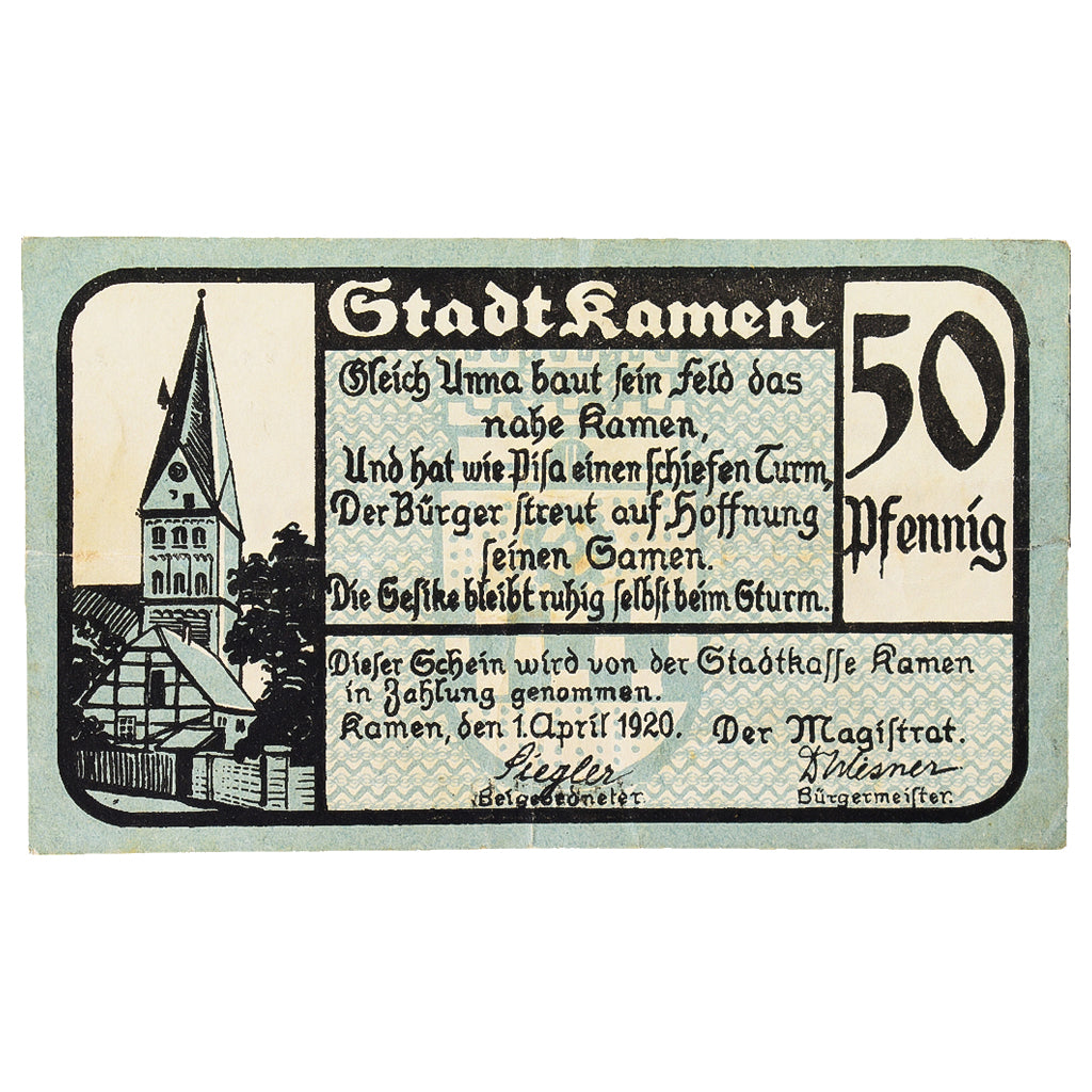 Banknot, Niemcy, Kamen Stadt, 50 Pfennig, Texte, 1920, 1920-04-01, UNC(60-62)