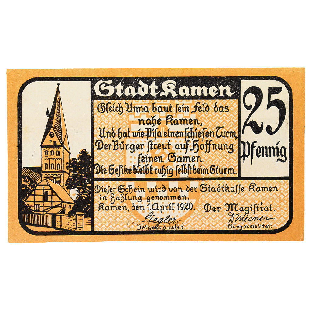 Banknot, Niemcy, Kamen Stadt, 25 Pfennig, Texte, 1920, 1920-04-01, UNC(60-62)