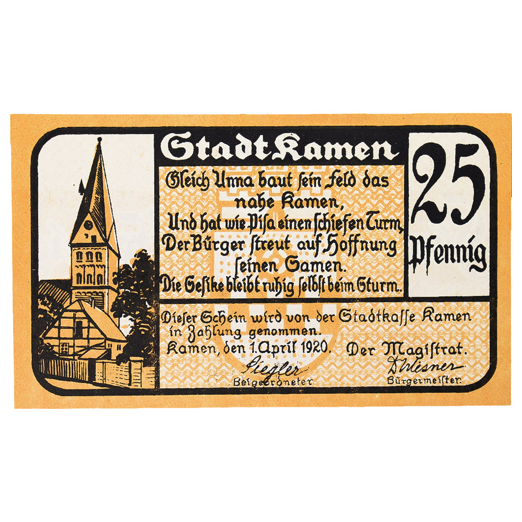 Banconote, Germania, Kamen Stadt, 25 Pfennig, texte 1, 1920, 1920-04-01, SPL