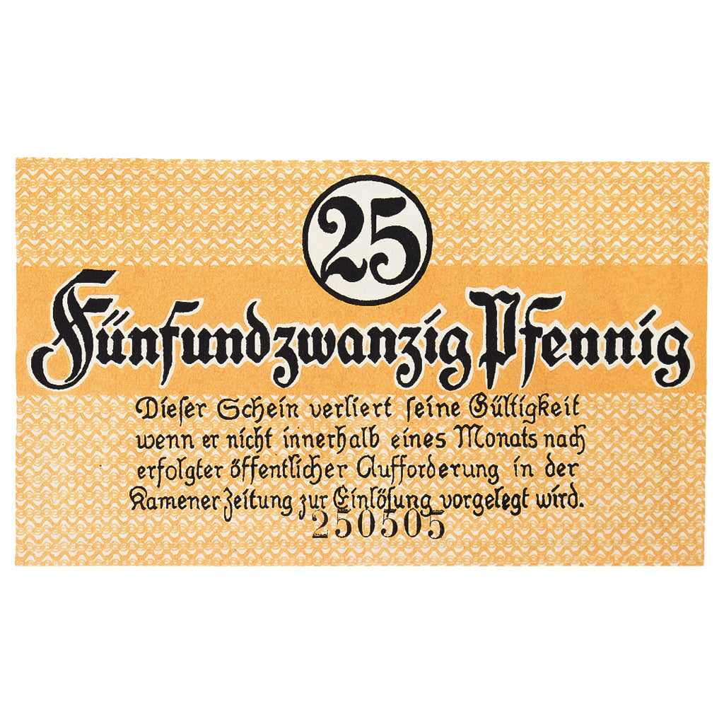 Banconote, Germania, Kamen Stadt, 25 Pfennig, texte 1, 1920, 1920-04-01, SPL