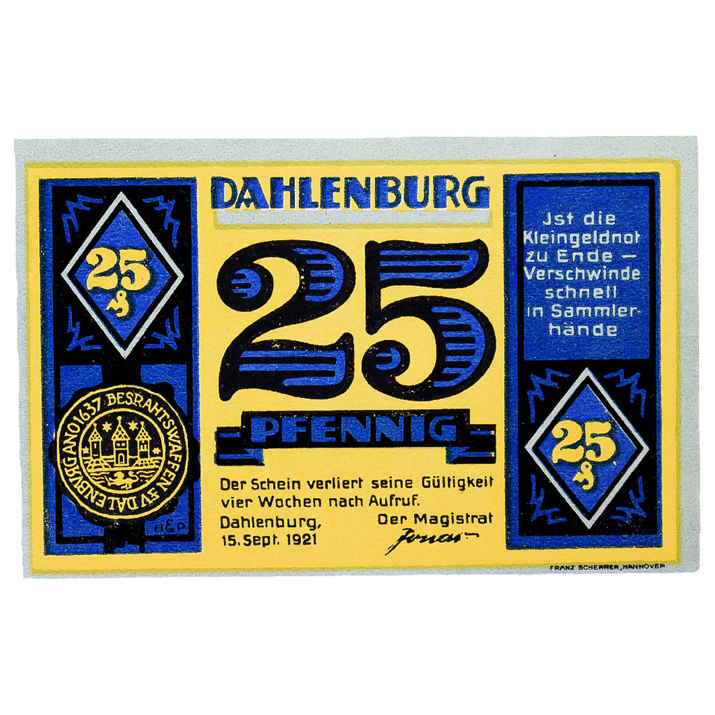 Banknot, Niemcy, Dahlenburg, 25 Pfennig, Eglise, 1921, 1921-09-15, UNC(60-62)