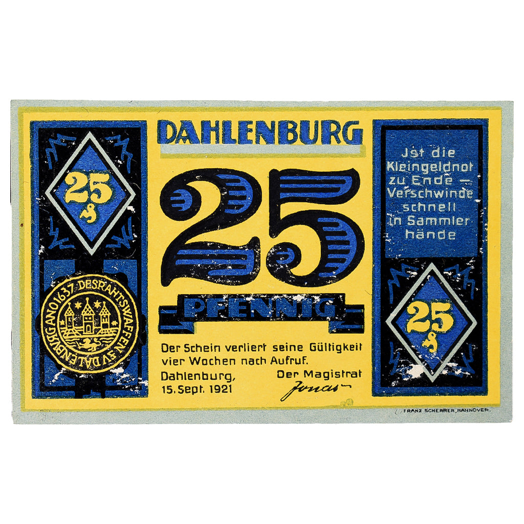 Banknot, Niemcy, Dahlenburg, 25 Pfennig, Eglise 1, 1921, 1921-09-15, UNC(60-62)