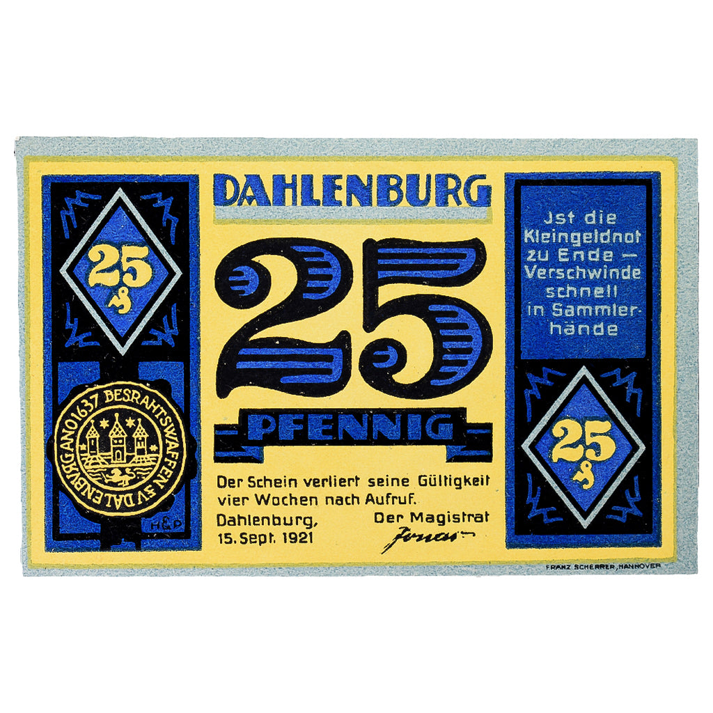 Geldschein, Deutschland, Dahlenburg, 25 Pfennig, eglise 2, 1921, 1921-09-15