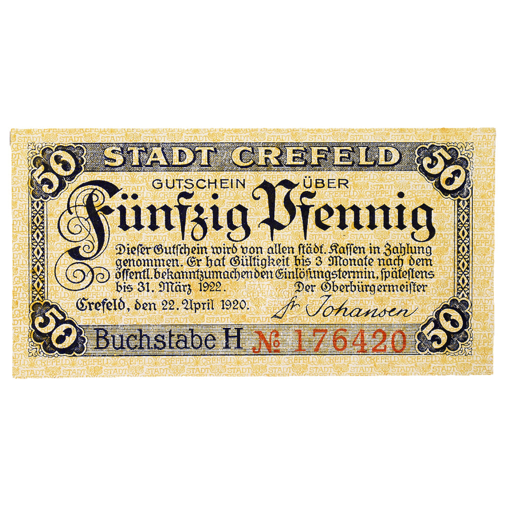 Banknot, Niemcy, Crefeld, 50 Pfennig, Monument, 1919, 1919-03-20, UNC(60-62)