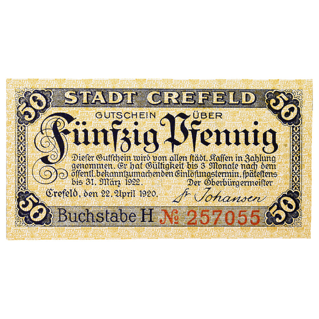 Banconote, Germania, Crefeld, 50 Pfennig, monument 1, 1919, 1919-03-20, SPL
