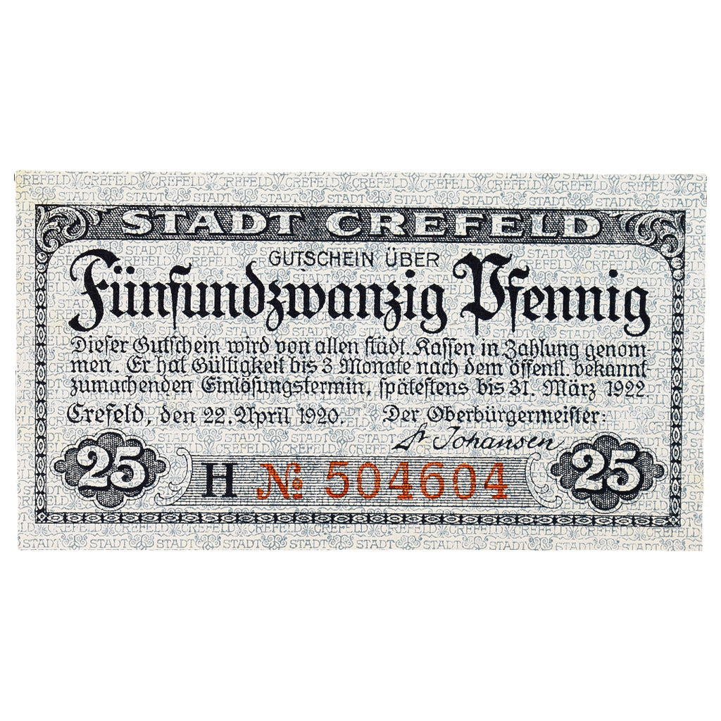 Banconote, Germania, Crefeld, 25 Pfennig, lac, 1919, 1919-03-20, SPL, Mehl:29.3