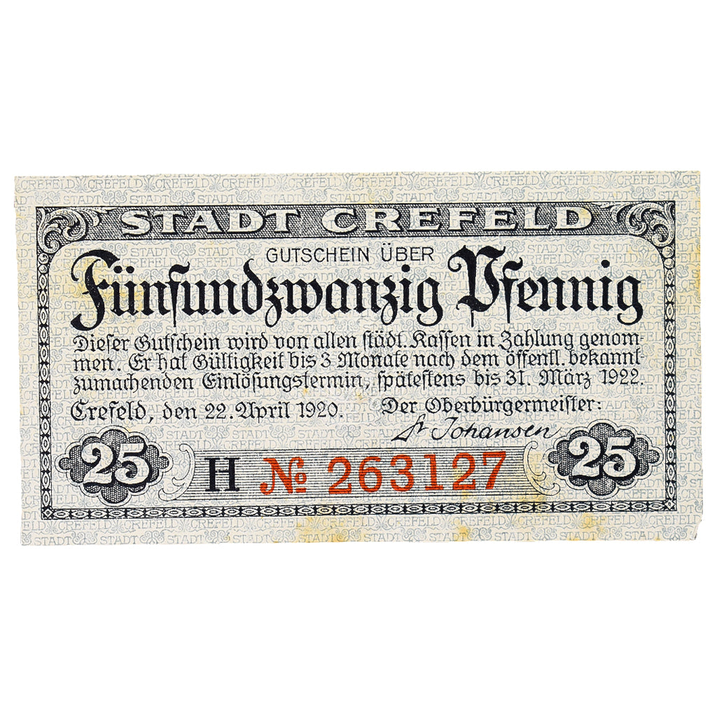 Banconote, Germania, Crefeld, 25 Pfennig, lac 1, 1919, 1919-03-20, SPL