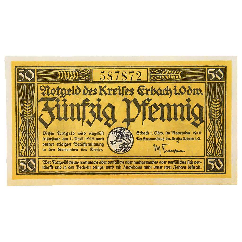Banconote, Germania, Erbach im Odenwald Kreis, 50 Pfennig, personnage, 1919