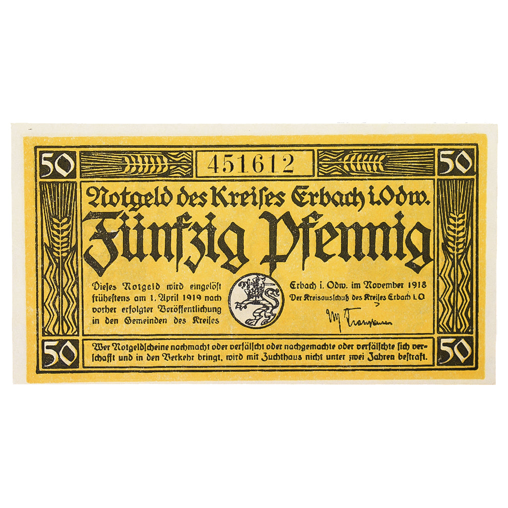 Banconote, Germania, Erbach im Odenwald Kreis, 50 Pfennig, personnage 1, 1919