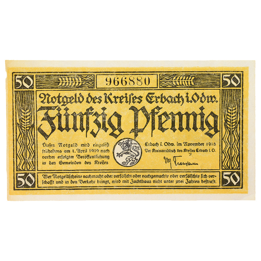 Banconote, Germania, Erbach im Odenwald Kreis, 50 Pfennig, personnage 2, 1919