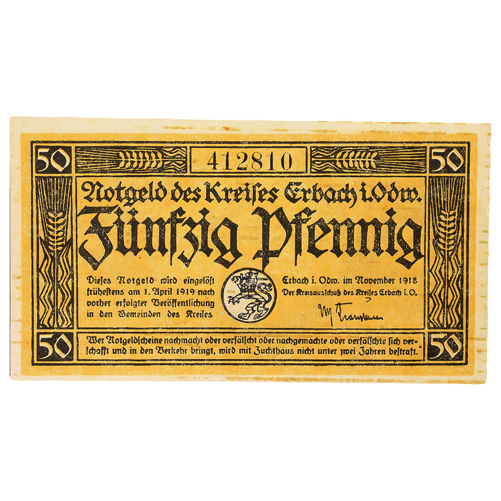 Banconote, Germania, Erbach im Odenwald Kreis, 50 Pfennig, personnage 3, 1919