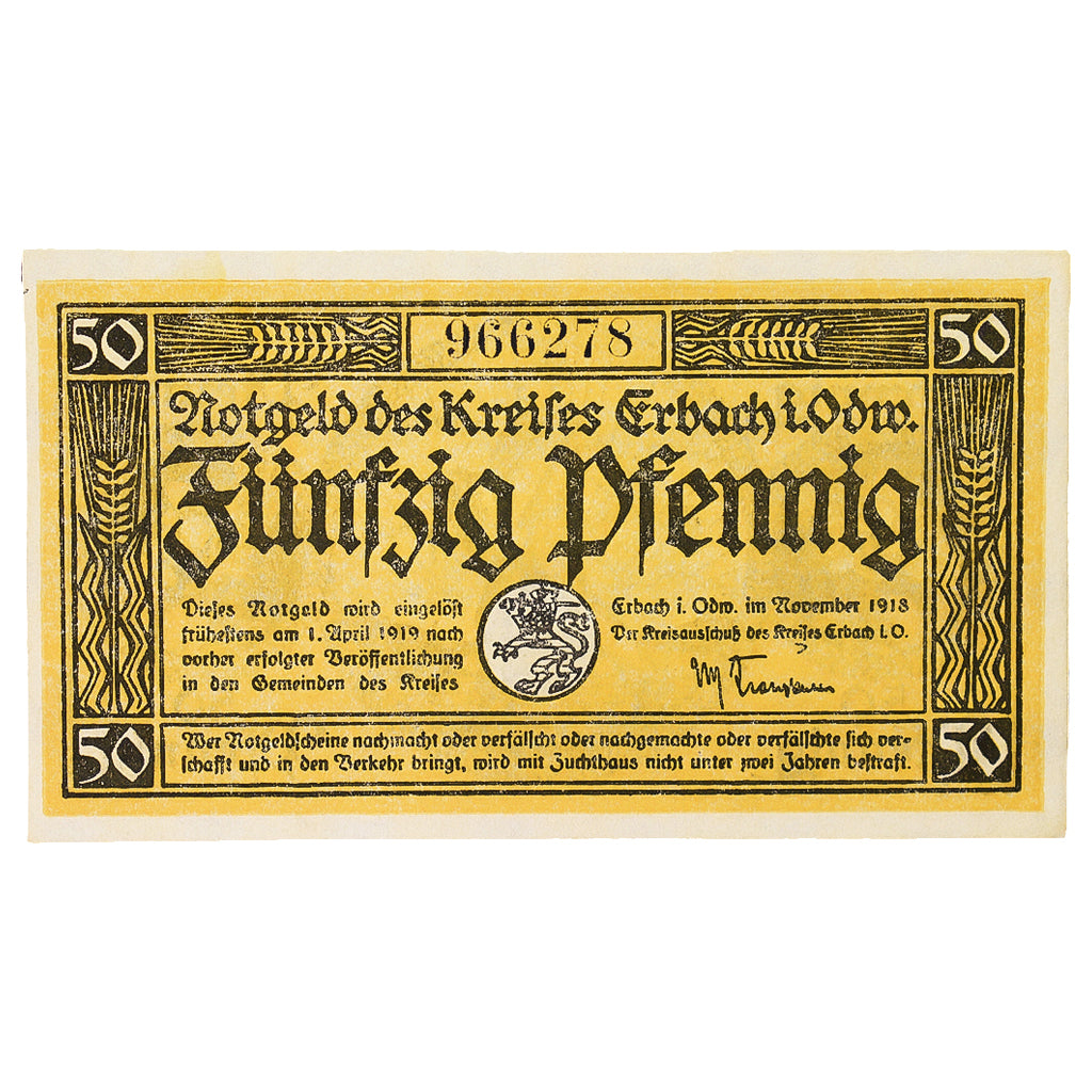 Banconote, Germania, Erbach im Odenwald Kreis, 50 Pfennig, personnage 6, 1919