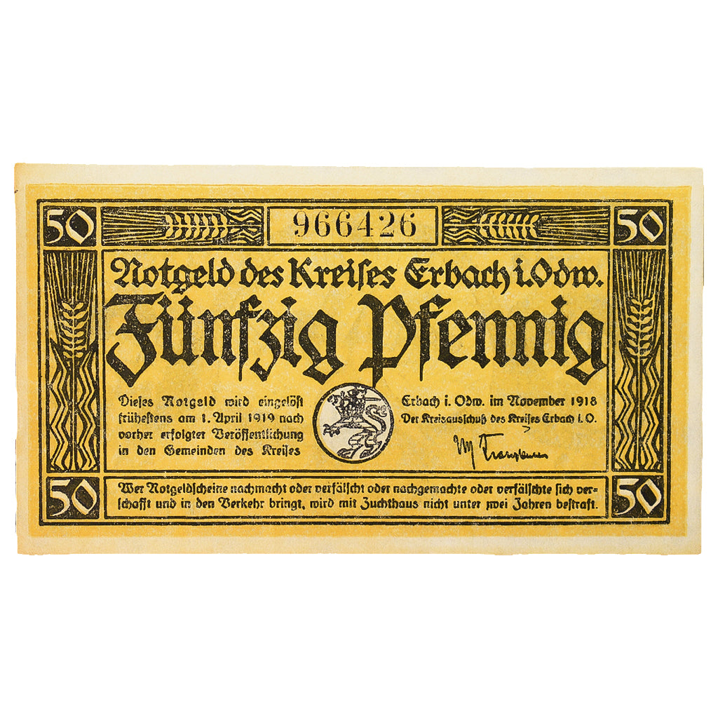 Banconote, Germania, Erbach im Odenwald Kreis, 50 Pfennig, personnage 7, 1919