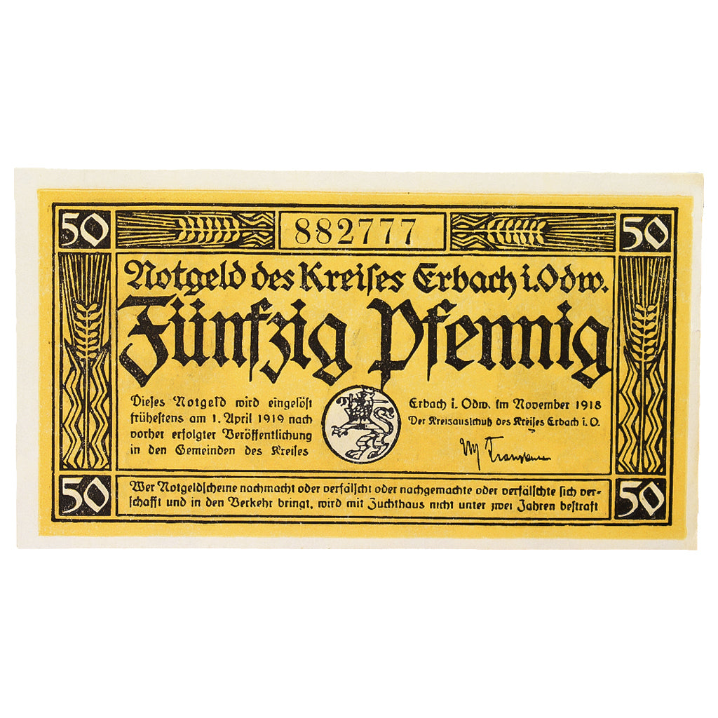 Banconote, Germania, Erbach im Odenwald Kreis, 50 Pfennig, personnage 8, 1919