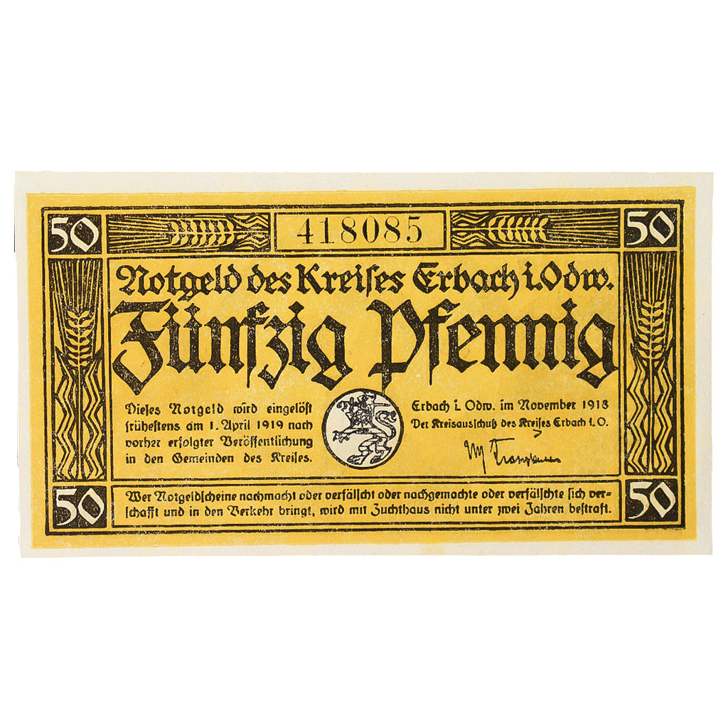 Banconote, Germania, Erbach im Odenwald Kreis, 50 Pfennig, personnage 9, 1919