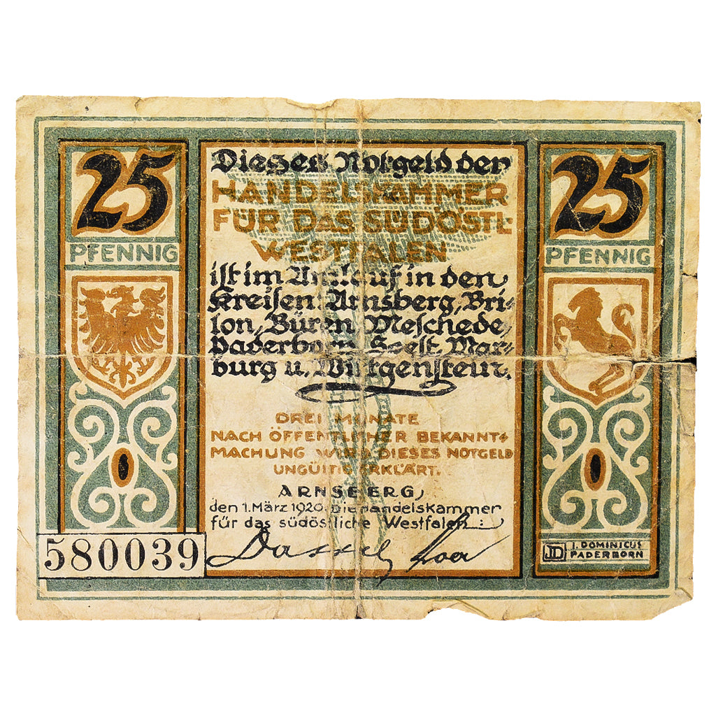 Banconote, Germania, Arnsberg Handelskammer für das südöstliche Westfalen, 25