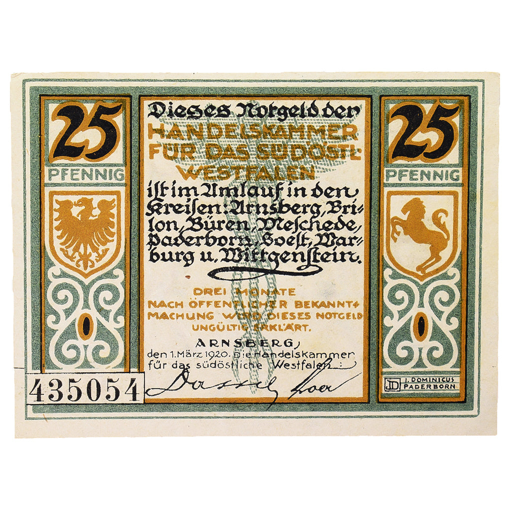 Banknote, Germany, Arnsberg Handelskammer für das südöstliche Westfalen, 25