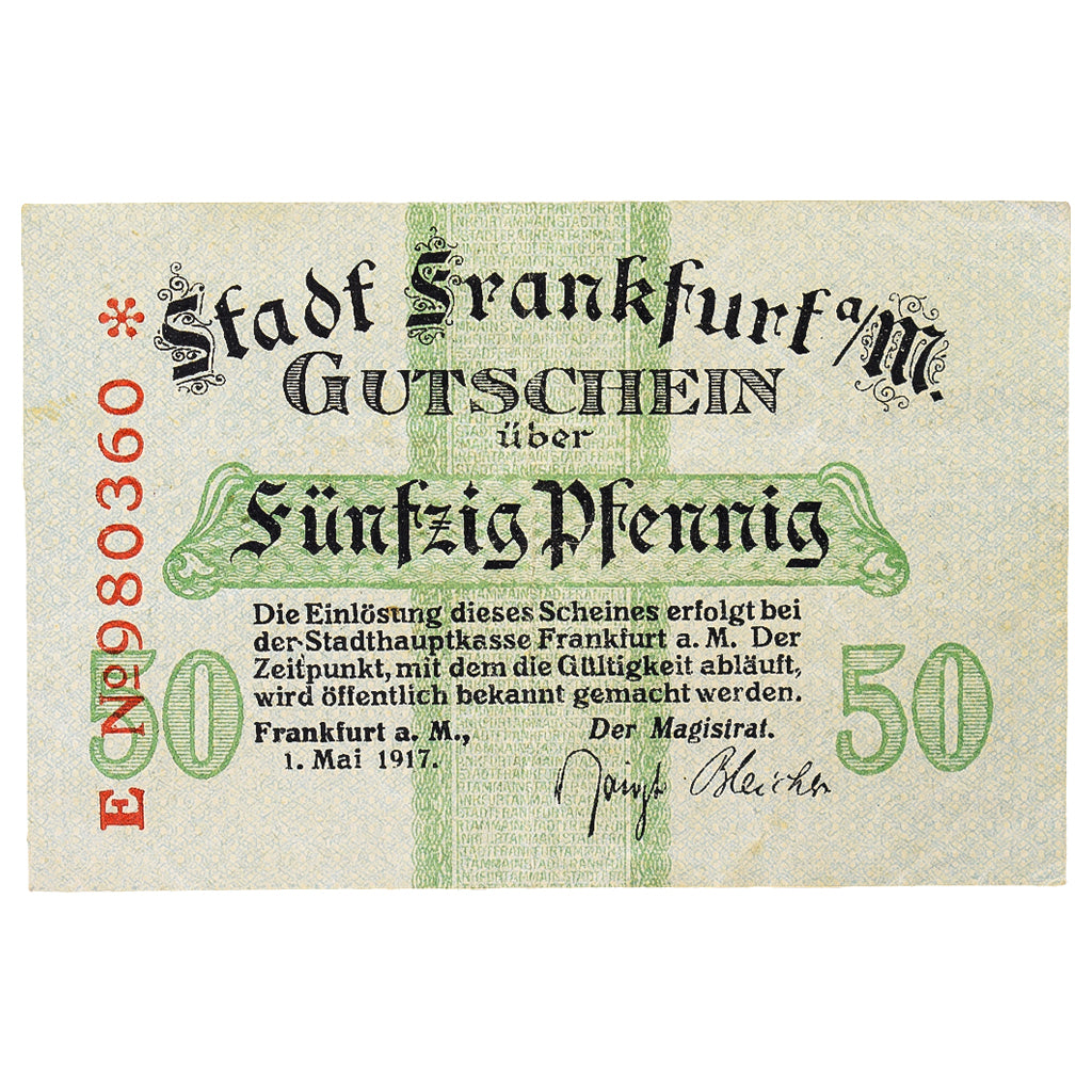 Geldschein, Deutschland, Frankfurt am Main Stadt, 50 Pfennig, Blason, 1917