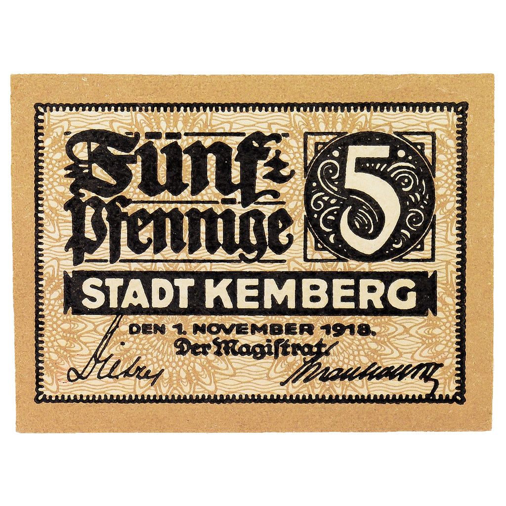 Banknot, Niemcy, Kemberg Stadt, 5 Pfennig, Blason, 1918, 1918-11-01, UNC(60-62)