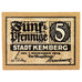 Banknot, Niemcy, Kemberg Stadt, 5 Pfennig, Blason, 1918, 1918-11-01, UNC(60-62)