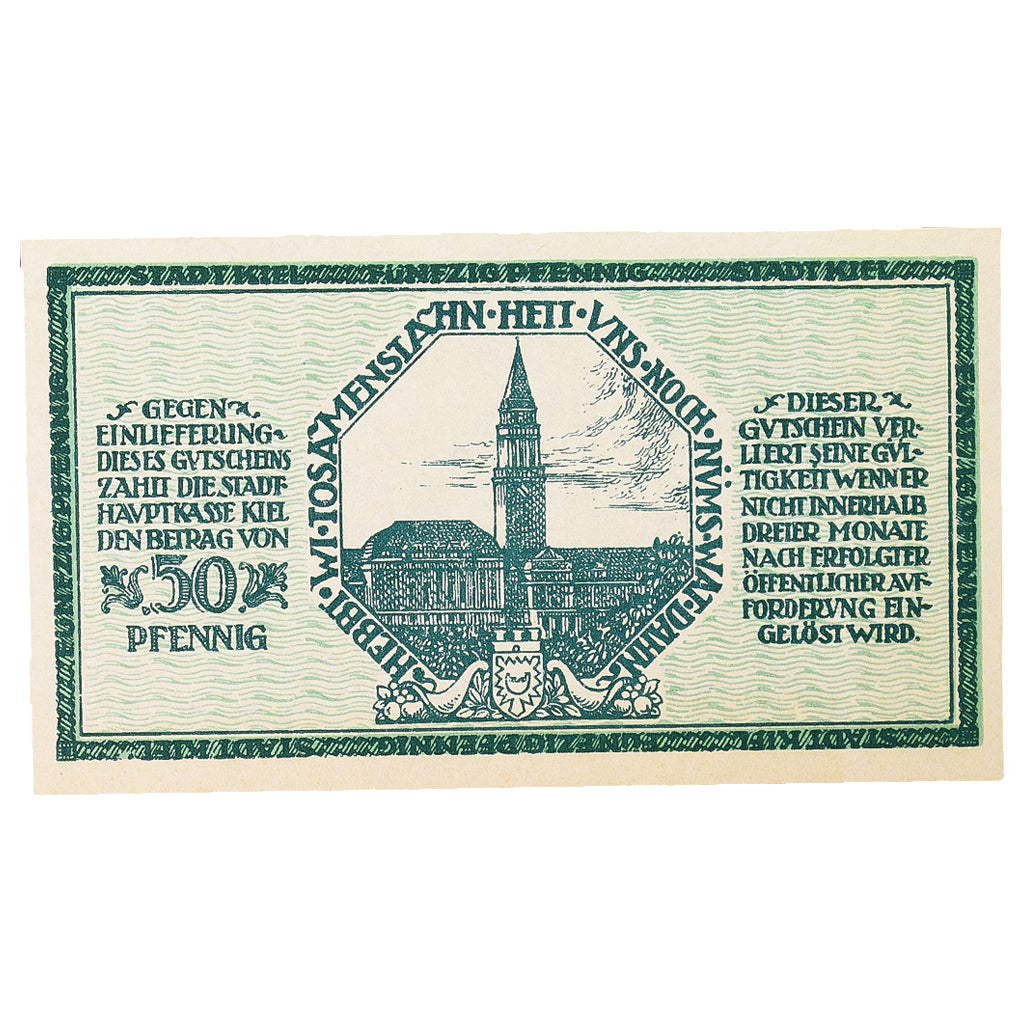 Banconote, Germania, Kiel Stadt, 50 Pfennig, Eglise 1, 1918, 1918-01-01, SPL