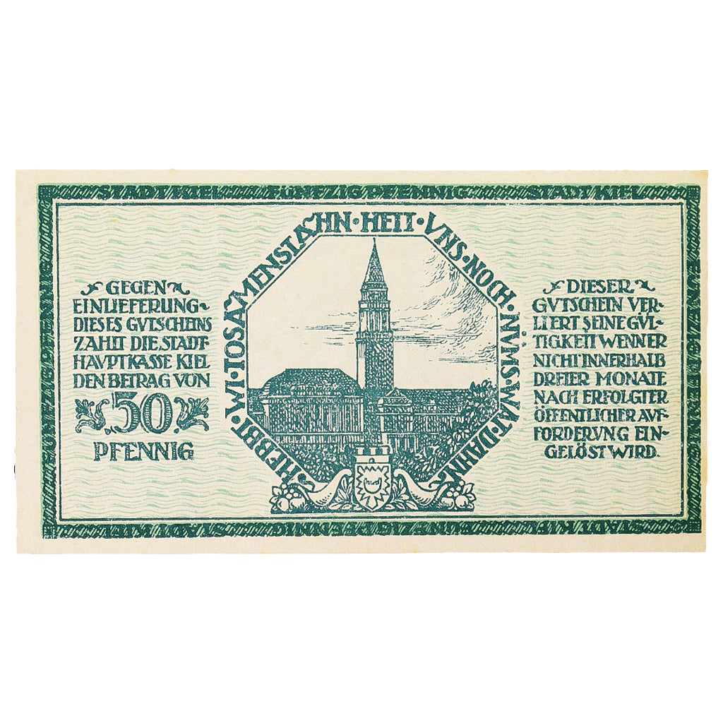 Banconote, Germania, Kiel Stadt, 50 Pfennig, eglise 2, 1918, 1918-01-01, SPL