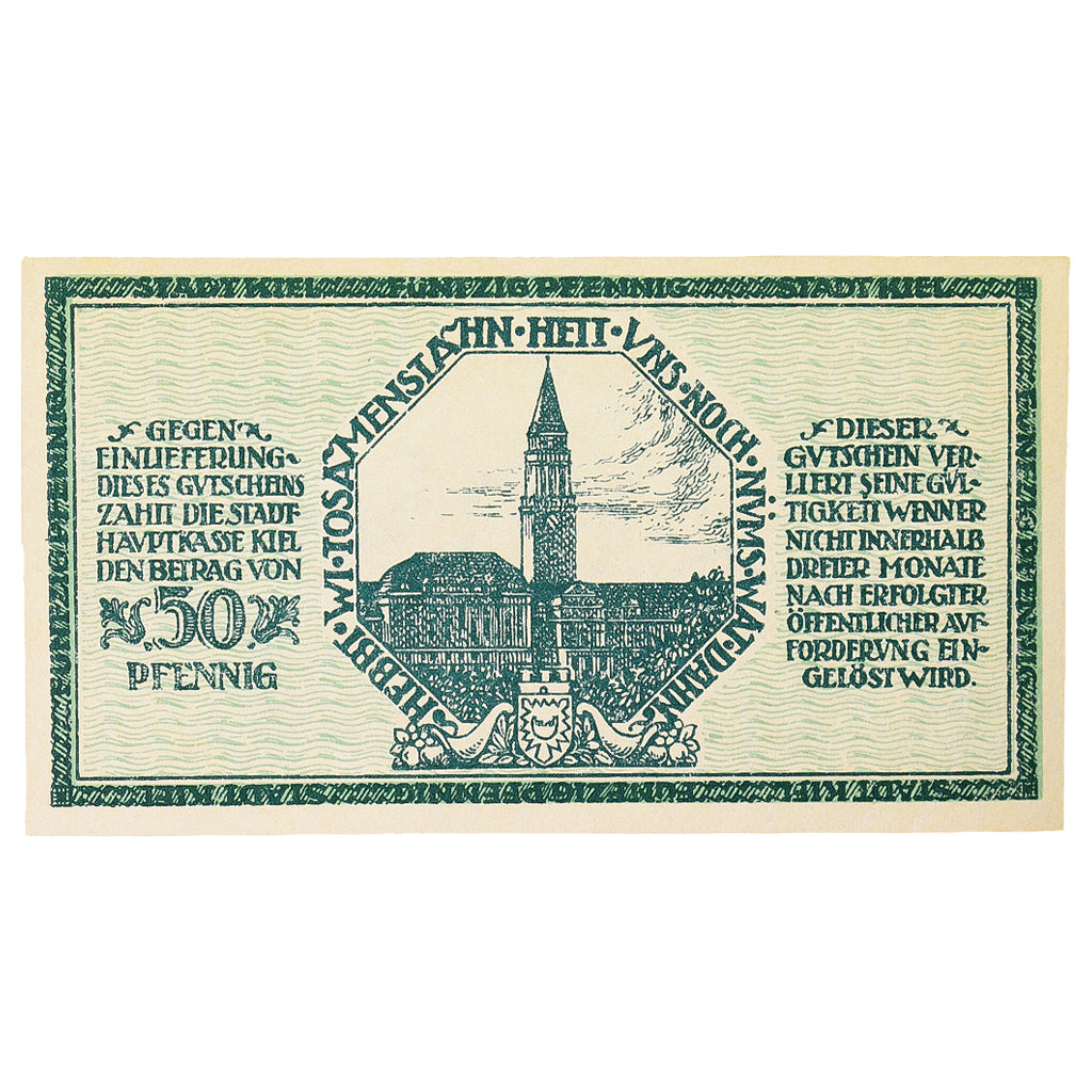 Banconote, Germania, Kiel Stadt, 50 Pfennig, église 3, 1918, 1918-01-01, SPL