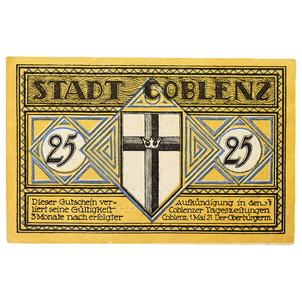 Banknot, Niemcy, Coblenz Stadt, 25 Pfennig, pont, 1921, 1921-05-01, UNC(60-62)